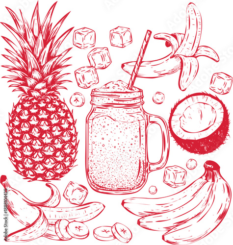 Red outline illustration of tropical fruit smoothie with pineapple and bananas