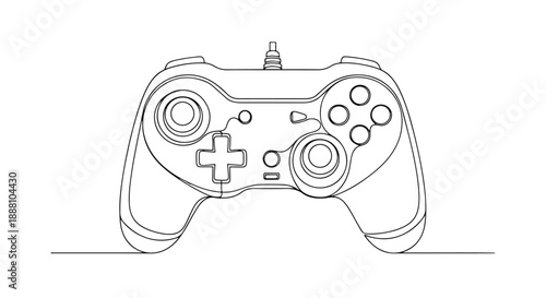 Line drawing of a video game controller with joysticks and buttons on a white background