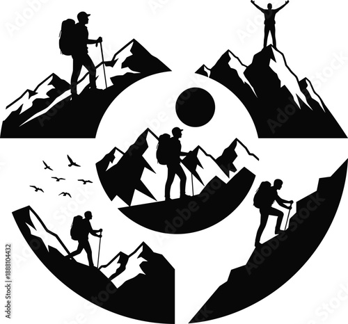 Silhouette mountain hiking adventure concept with explorers reaching peaks, journey progress stages, outdoor travel motivation illustration inspirational vector design