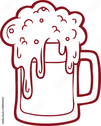 Single red beer mug overflowing with foamy head dripping down sides on transparent