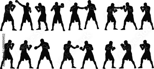 Boxing fighter silhouette collection showing athletes punching, defending and sparring in training poses, isolated scene representing combat sport, strength, endurance, competition