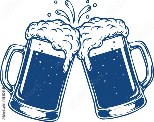 Two beer mugs clinking together in a toast with splashing foam and blue outlines