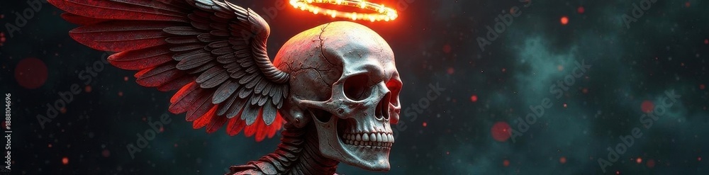 Obraz premium Intricate skull adorned with angel halo, cupid's bow and arrows, cupid, celestial, macabre