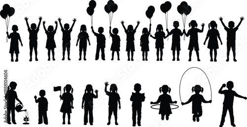 Children silhouette collection showing kids playing, jumping, holding balloons and outdoor activities, isolated scene representing happiness, childhood fun, imagination, playtime, growth
