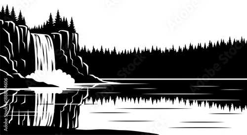 Serene Waterfall Landscape with Lush Forest Reflection on Calm Water