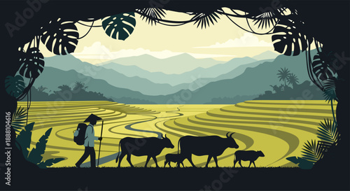 Traditional Asian farmer walking with buffaloes through rice paddies at sunset, a scenic landscape illustration