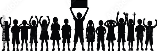 Children silhouette group showing kids standing together with raised hands and sign board, isolated scene representing education, unity, teamwork, childhood expression