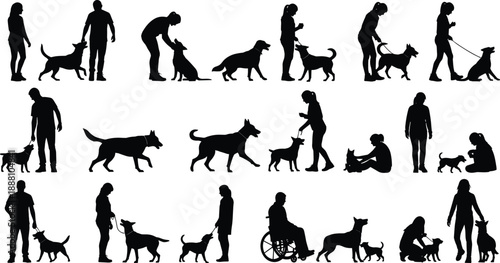 Dog walking silhouette collection showing people training, playing and caring for pets, isolated scene representing companionship, animal care, daily routine, outdoor activity