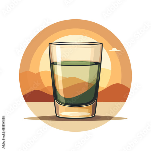 Illustrated Desert Sunset with Vibrant Layered Cocktail Shot Glass