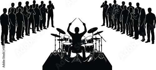 Drummer silhouette performing on stage before cheering audience, isolated scene representing live music concert, rhythm, energy, crowd engagement, performance art