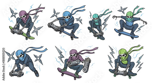 Ninja skateboarders in various poses with shuriken and skeleton hands skateboarding tricks