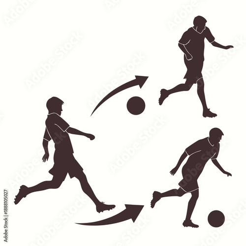 Soccer player action silhouette set, football dribbling and running motion vector.