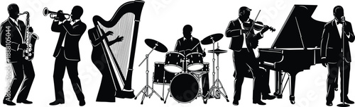 Jazz band silhouette collection showing musicians playing saxophone, trumpet, harp, drums, violin and piano, isolated scene representing live music, orchestra performance