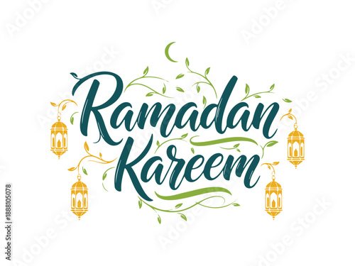 Elegant Ramadan Kareem Calligraphy With Lanterns And Leaves