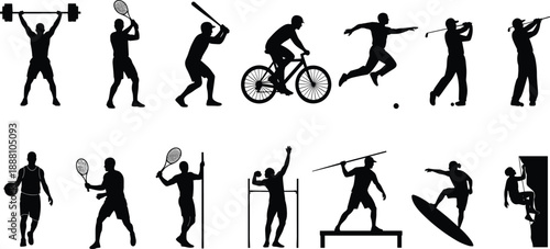 Multi sport athlete silhouette collection showing fitness training, cycling, tennis, baseball, athletics and extreme sports actions, isolated scene representing strength, motion