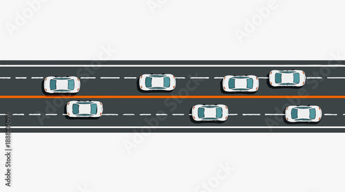 Minimalist top-down highway with evenly spaced cars on dual lanes, suited for automotive industry reports and fleet management dashboards