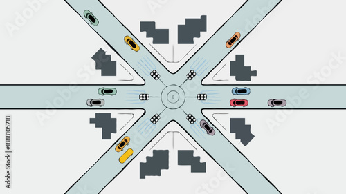 Isometric roundabout with multi-directional traffic flow and pedestrian zones, perfect for urban planning simulations and transportation educational materials