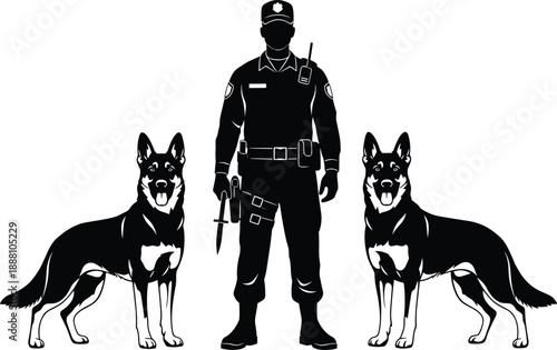 Police officer silhouette with K9 dogs standing on guard, isolated scene representing law enforcement, security, protection, patrol duty, canine unit teamwork and public safety concept illustration
