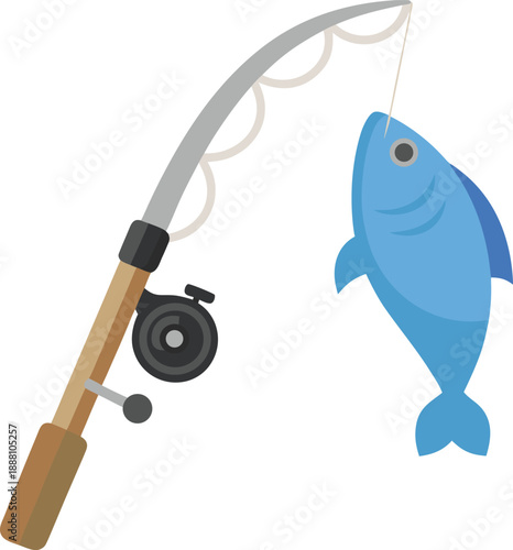 Fishing rod hooking blue fish isolated on transparent background