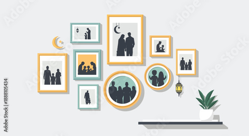 Flat Design Gallery Wall with Family Portrait Silhouette and Home Decoration