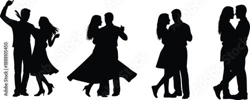 Romantic dancing couple silhouette collection showing elegant ballroom poses, isolated scene representing love, passion, connection, movement