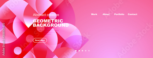 Modern website header design. Pink, blue hues create fluid geometric shapes. Navigation includes work, about, portfolio, contact options.