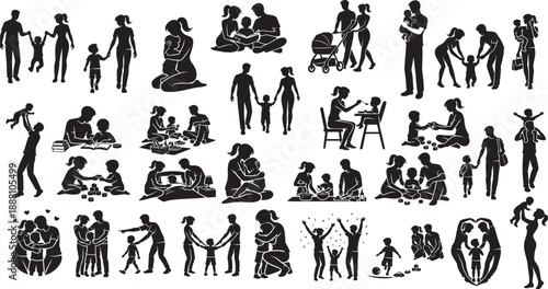 Family and parenting lifestyle people silhouette set vector