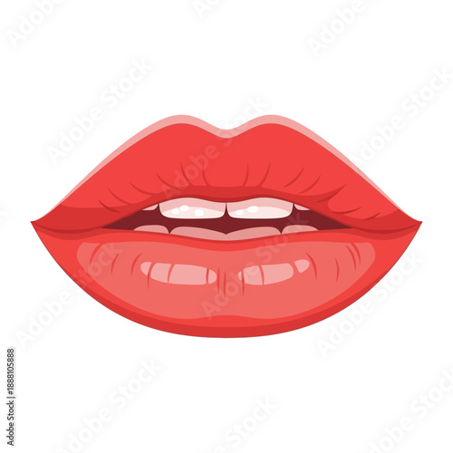 Vibrant red lips with white teeth on white background