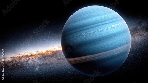 Wallpaper Mural Brilliant blue gas giant planet dominates the dark expanse of space near a distant spiral galaxy Torontodigital.ca