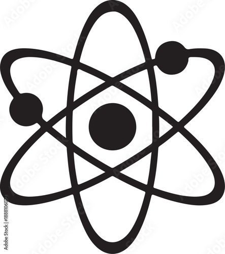 Black and white atom symbol with orbiting electrons