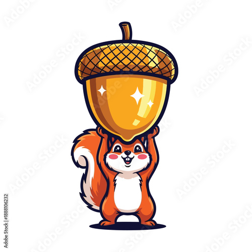 A cute cartoon squirrel mascot character holding a large golden acorn with a kawaii flat design style on a clean white background.