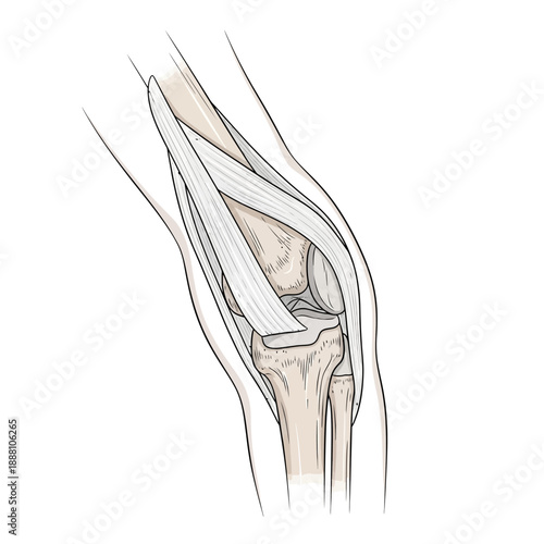 Detailed elbow anatomy illustration showing bones and tendons