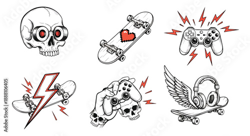 Set of six gaming and skateboarding illustrations with skulls and lightning bolts on white background