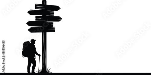 Silhouette of a lone hiker standing thoughtfully beside a weathered wooden signpost indicating multiple trail directions for adventure.