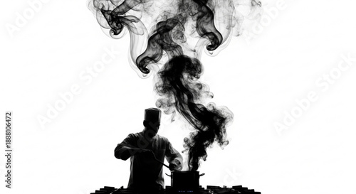 Abstract black and white smoke flowing like a woman’s face and hair on a clean white background