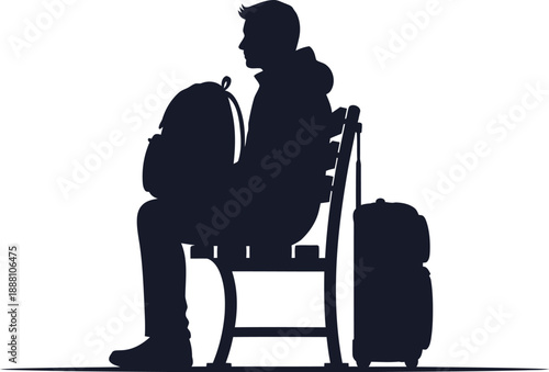 Silhouette of a lone male traveler wearing a hood sitting patiently on a bench holding a backpack beside luggage