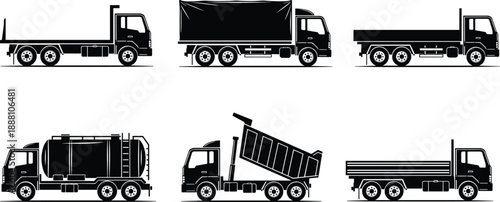 Commercial truck silhouettes set featuring flatbed tarp dump tanker and cargo trucks isolated on white background, transportation vector illustration