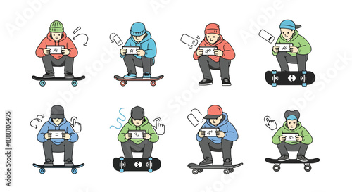set of skateboarders in various poses while using their smartphones on skateboards