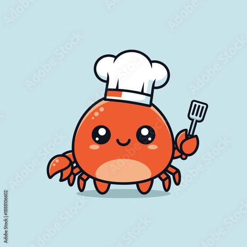 A cute, chibi-style cartoon crab mascot character wearing a chef's hat and holding a spatula in a kawaii flat design against a light blue background.