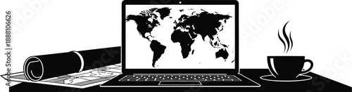 Essential digital nomad tools featuring a world map on a laptop screen beside a steaming cup and rolled map