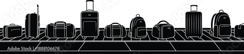 Collection of various black and white luggage silhouettes moving along an airport baggage claim conveyor belt illustration