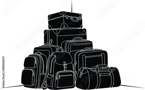 Stack of various black and white luggage including suitcases backpacks and duffel bags ready for a long trip