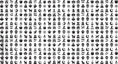 Halloween icons set including ghosts bats spiders and pumpkins on white background