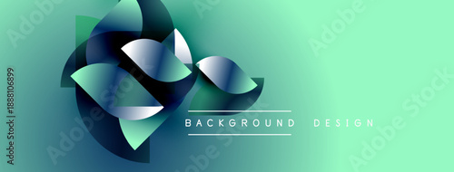 Abstract shapes overlap, creating dynamic visual effect. Teal gradient background enhances modern design aesthetic. Simple text labels composition.