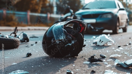 A damaged black motorcycle helmet lies on the road surrounded by debris from a motorcycle accident. A car is visible in the background.