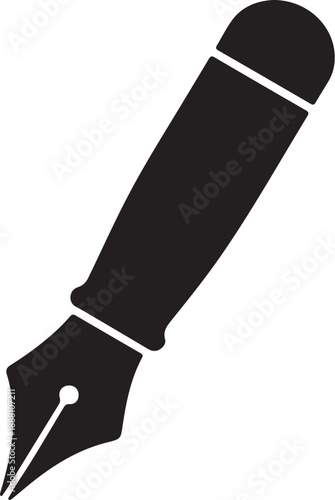 Black and white fountain pen with visible nib and ink reservoir