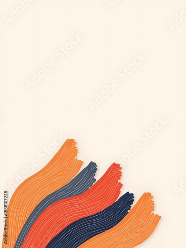 Abstract flowing wavy lines in coral, navy blue, and deep red with white stripe accents on a pale cream background