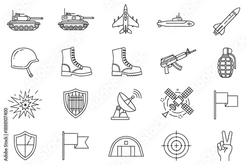 This image features a variety of military equipment and symbols, including an airplane, tank, helicopter, rifle, pistol, missile, submarine, battleship, crown, and various other military insignias and
