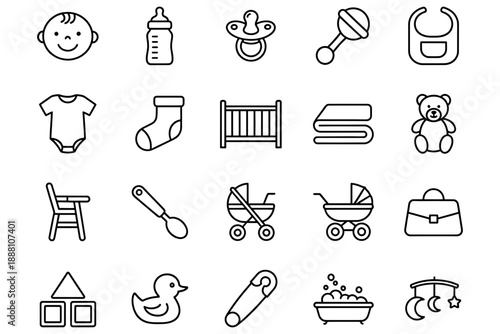 This image features a collection of essential baby items, including a clock, baby bottle, rattle, bib, socks, crib, teddy bear, baby clothes, hairbrush, baby stroller, toy, house, duck, spoon, and a b