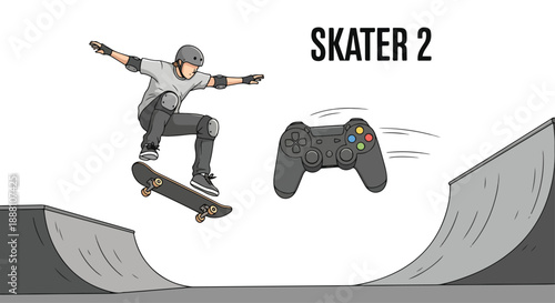 skater performing trick with skateboard and game controller flying next to him in skatepark